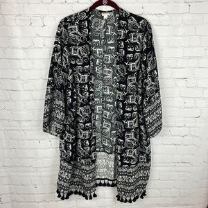 Merona Black & White Abstract Elephant Tassel Kimono Cardigan Sz M/L